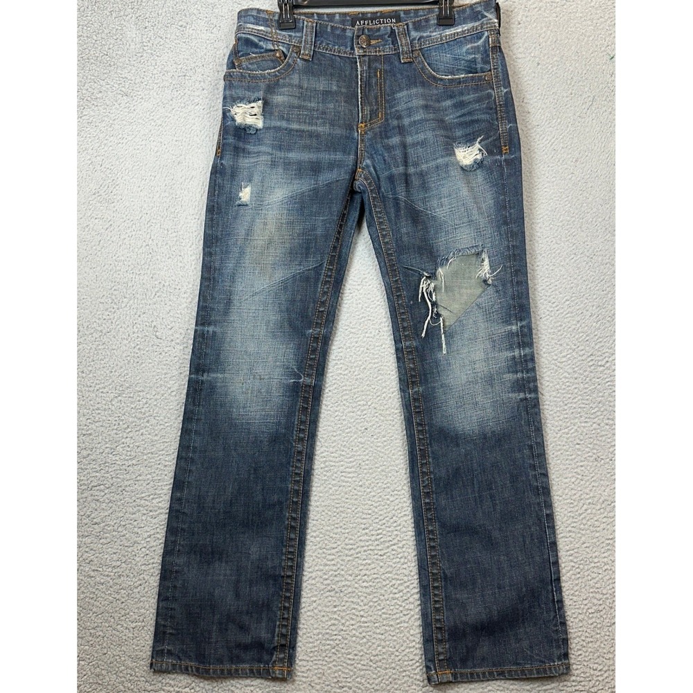 Affliction Blake Jeans Mens 32 Relaxed Straight Imperial Blue Distressed Denim